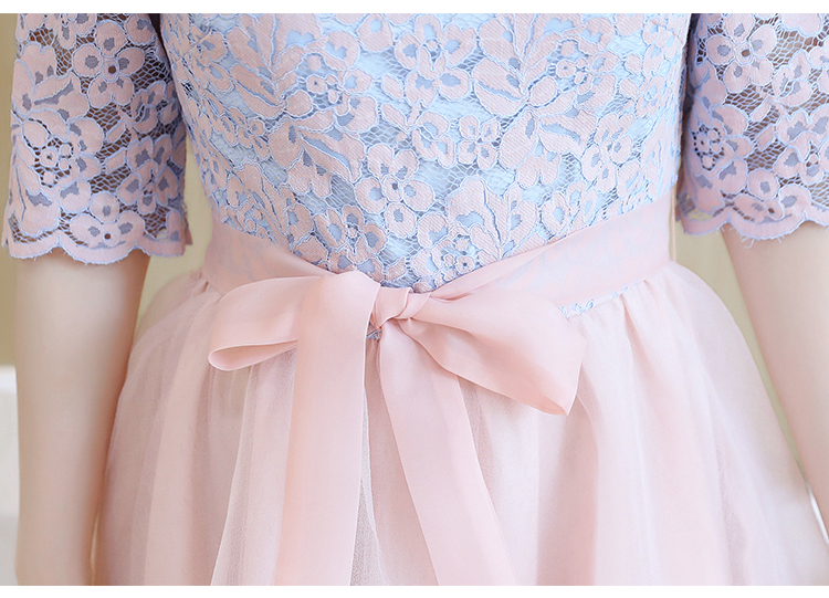 ชุดเดรสสั้นเสื้อผ้าลูกไม้สีฟ้าดอกสีชมพูกระโปรงผ้าชีฟองสีชมพู