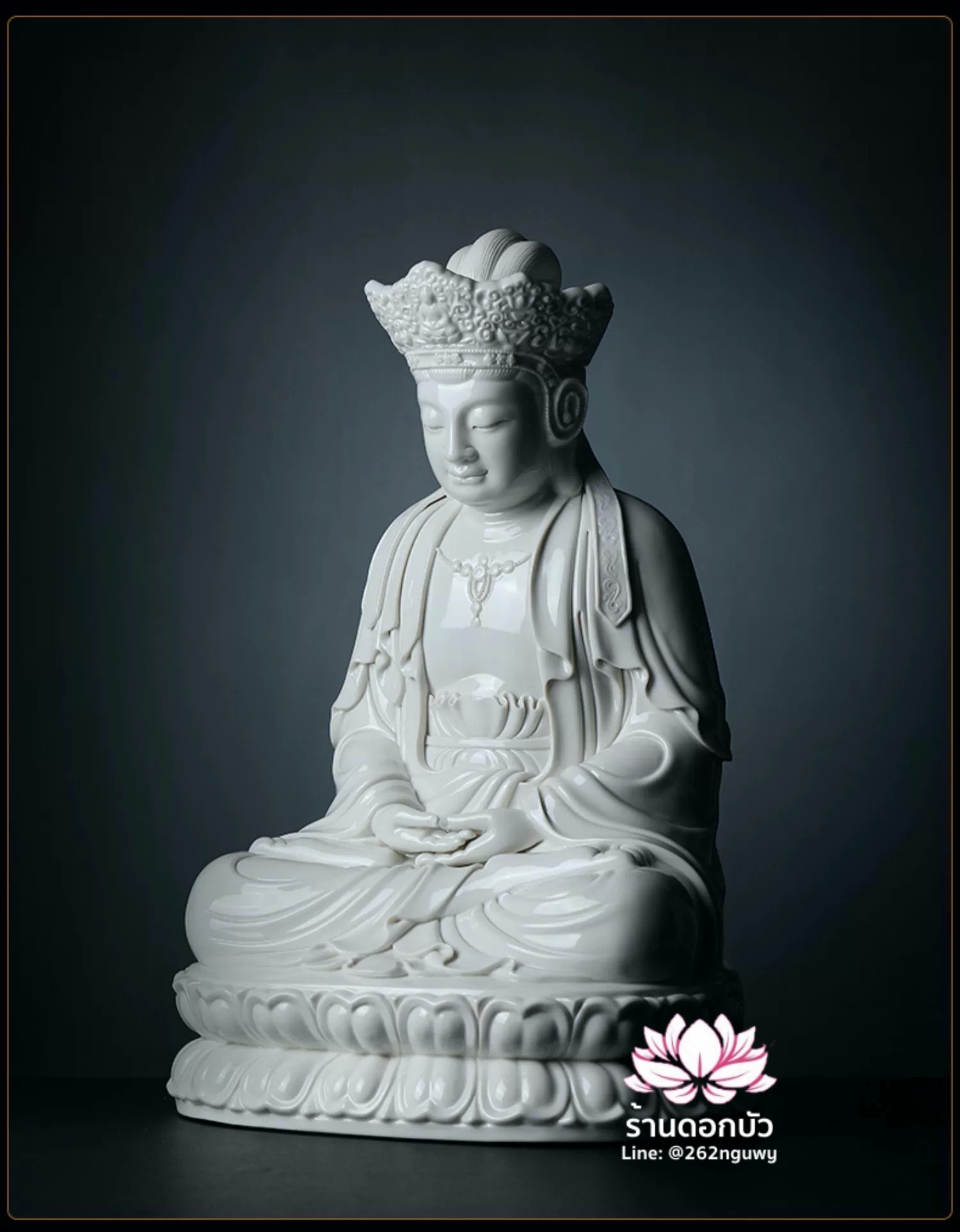 พีลูกวนอิม พระโพธิสัตว์กวนอิมปางสำเร็จธรรม ฝีมือช่างระดับอาจารย์ สีขาวเคลือบเงา ขนาด 9/18 นิ้ว