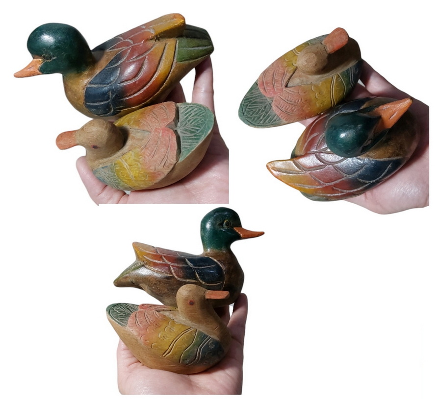 ไม้แกะสลักเล็กๆ ขายรวม3ชิ้น เป็ด2 แมว1 มือสอง ตำหนินิดหน่อย