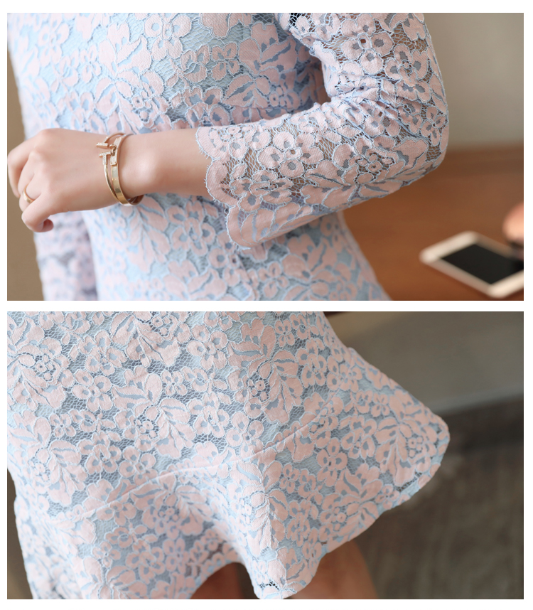ชุดเดรสสั้นผ้าลูกไม้สีฟ้าลายสีชมพูแซม ช่วงเสื้อแบบเปิดไหล่ไหล่ ทรงเข่ารูป สวย หรู