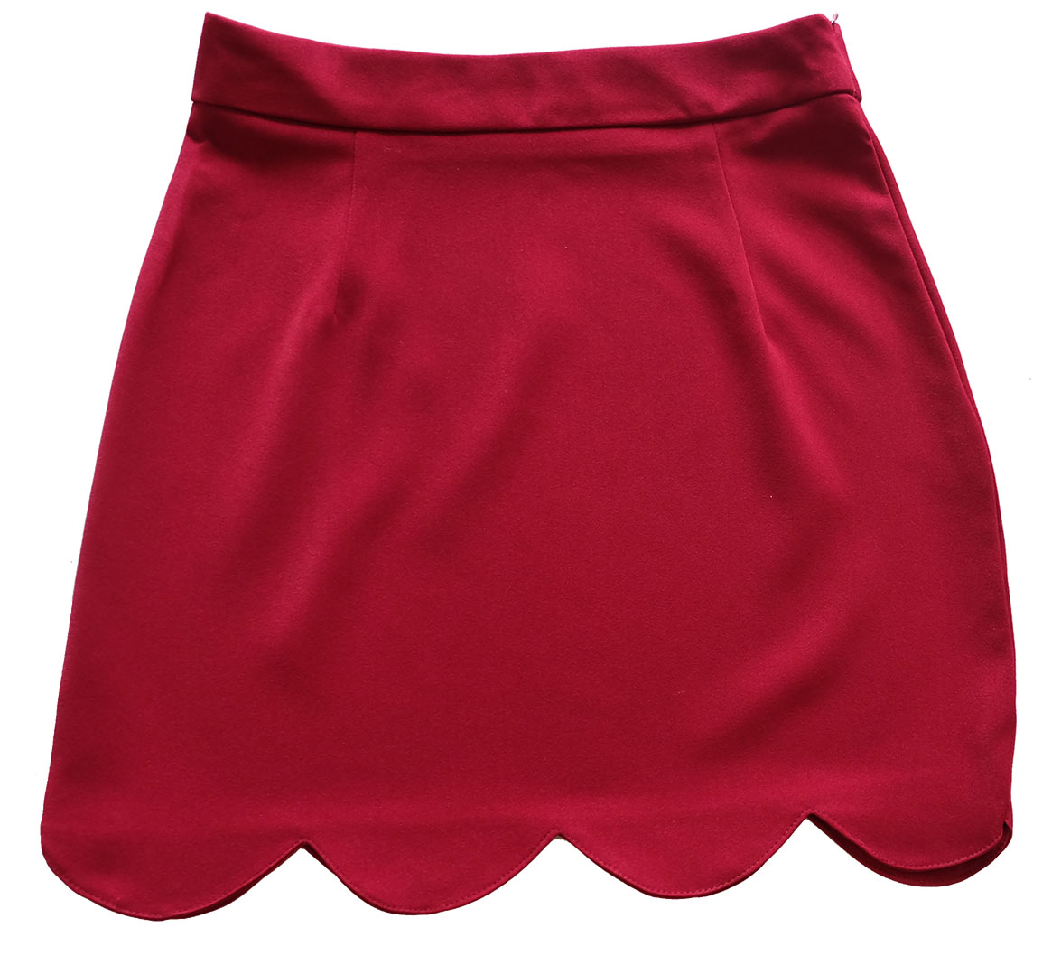 กระโปรงปลายหยัก ผ้าฮานาโกะ สีเลือดหมู Size S M L XL