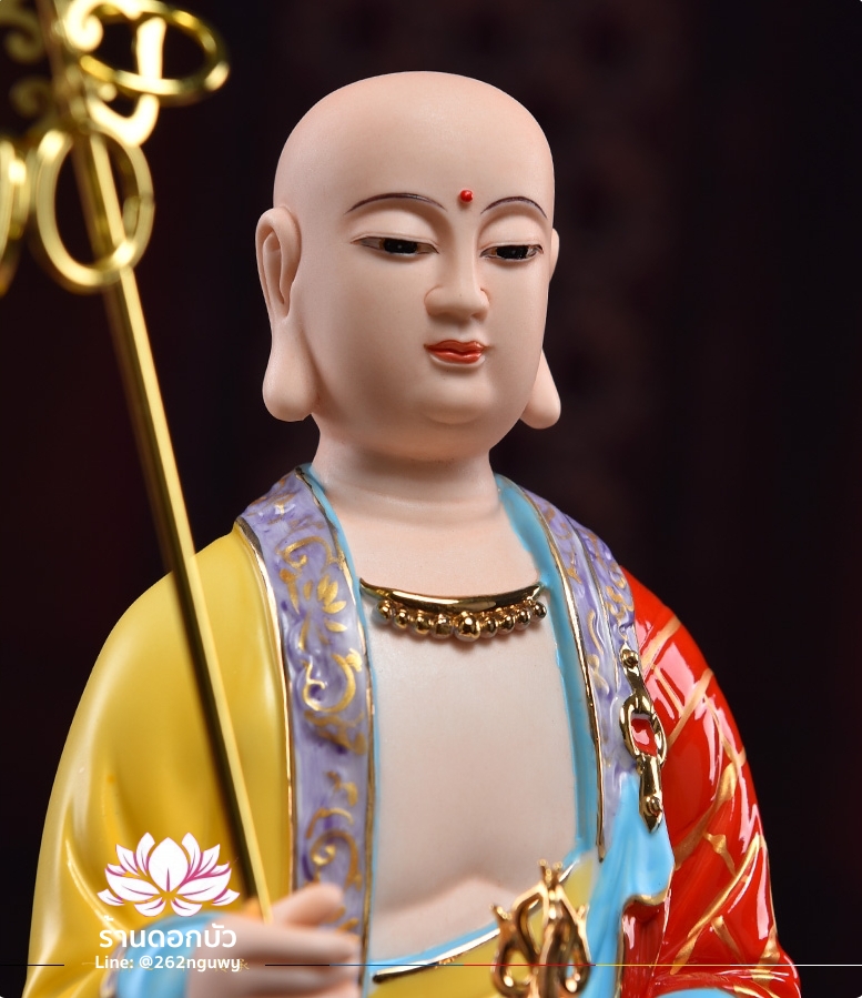 พระกษิติครรภโพธิสัตว์ ตี่จั่งอ๊วงผ่อสัก ปางยืนประทับดอกบัว ลงสีขลิบทอง ขนาด 10/12/14/16/18 นิ้ว