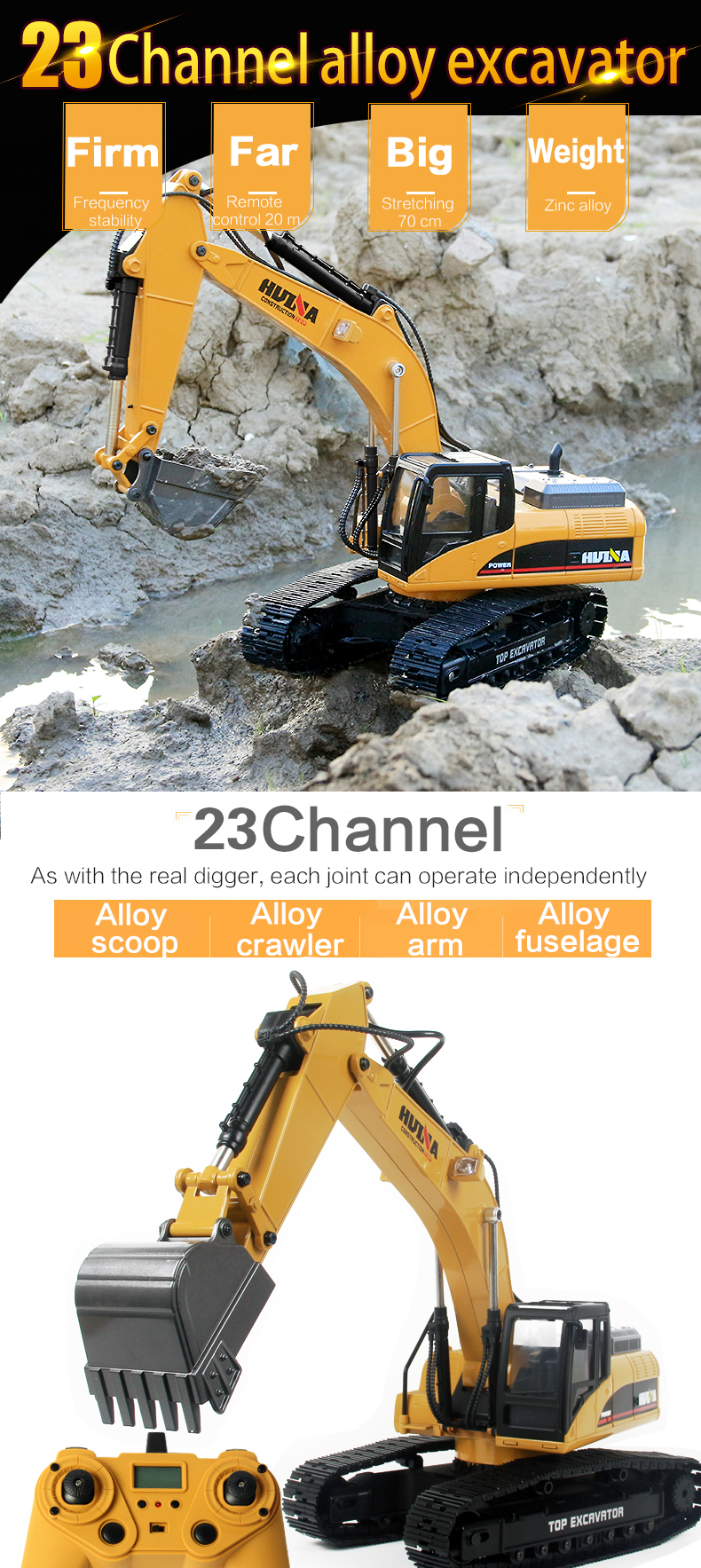 HUINA 1580 แม็คโครเหล็กทั้งคัน ขนาด 1:14 บังคับ 23Ch 580 RC 10KG.