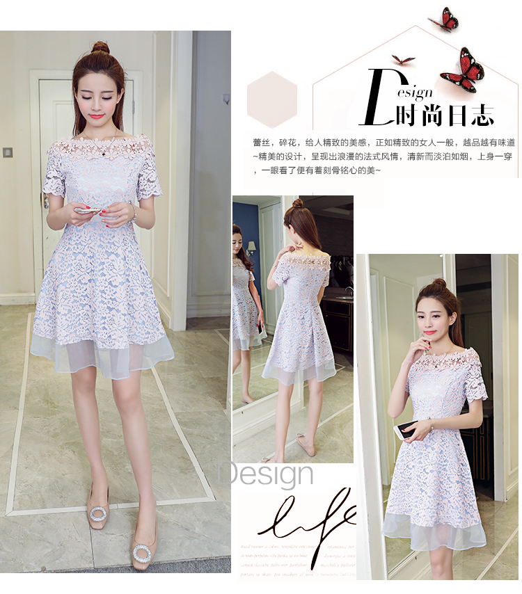 ชุดเดรสสั้นผ้าลูกไม้เปิดไหล่ ผ้าลูกไม้สีพื้นสีฟ้าดอกสีชมพู เปิดไหล่