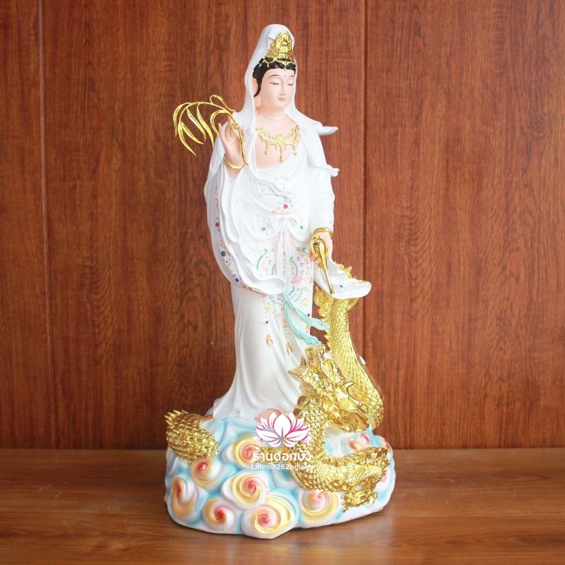 พระโพธิสัตว์กวนอิมปางเหยียบมังกร พระแม่กวนอิมยืนมังกร งานเรซิ่นเพ้นท์ลาย ขนาด 19 นิ้ว