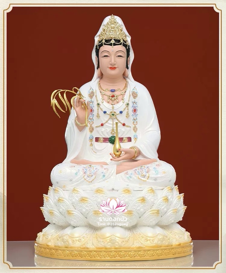 พระโพธิสัตว์กวนอิม พระแม่กวนอิม ปางประทานพรนั่งบนดอกบัว งานเรซิ่น ขนาด 12/16/19 นิ้ว