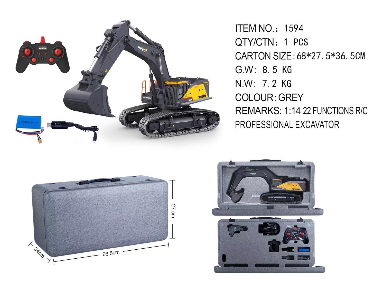 Huina 1594 RC EXCAVATOR โมเดล 2021 สีขาวมุก สีใหม่ล่าสุด แม็คโครบังคับระบบเซอร์โว 1/14 22CH