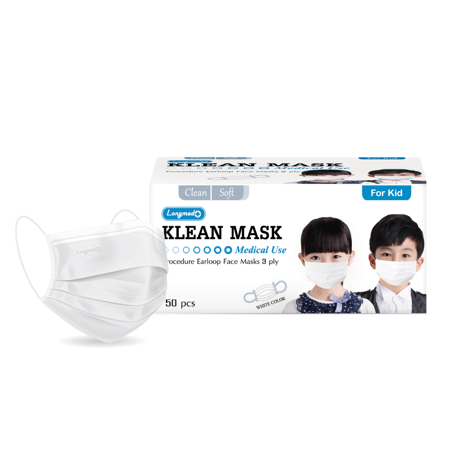 Longmed หน้ากากปิดจมูก Klean mask เด็ก 50ชิ้น สีขาว