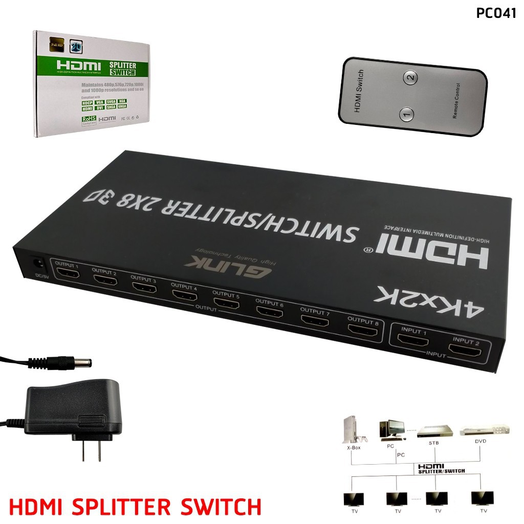 HDMI MATRIX SWITCH 4K เข้า2 ออก8 ; GLINK / OEM / PC041-GL / 15498