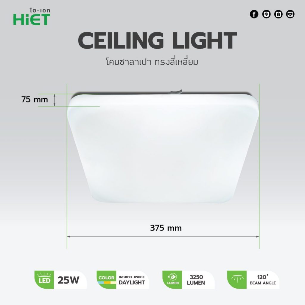 *สี่เหลี่ยม* HIET โคมซาลาเปา 25w LED Ceiling Light SLIM Square โคมไฟ