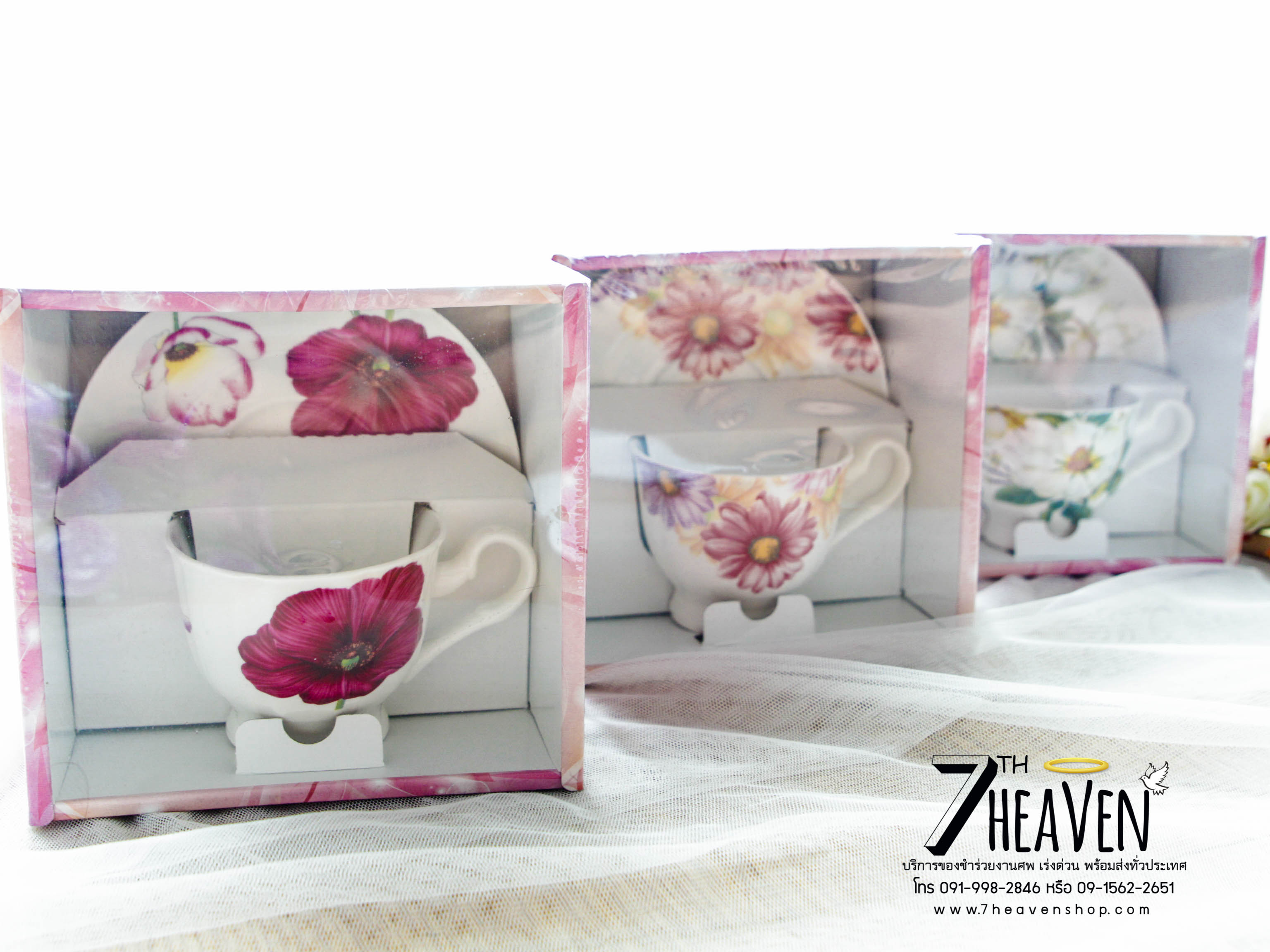 ชุดแก้วกาแฟ จานรองเซรามิค พร้อมช้อน แพคในกล่องโชว์ของด้านใน