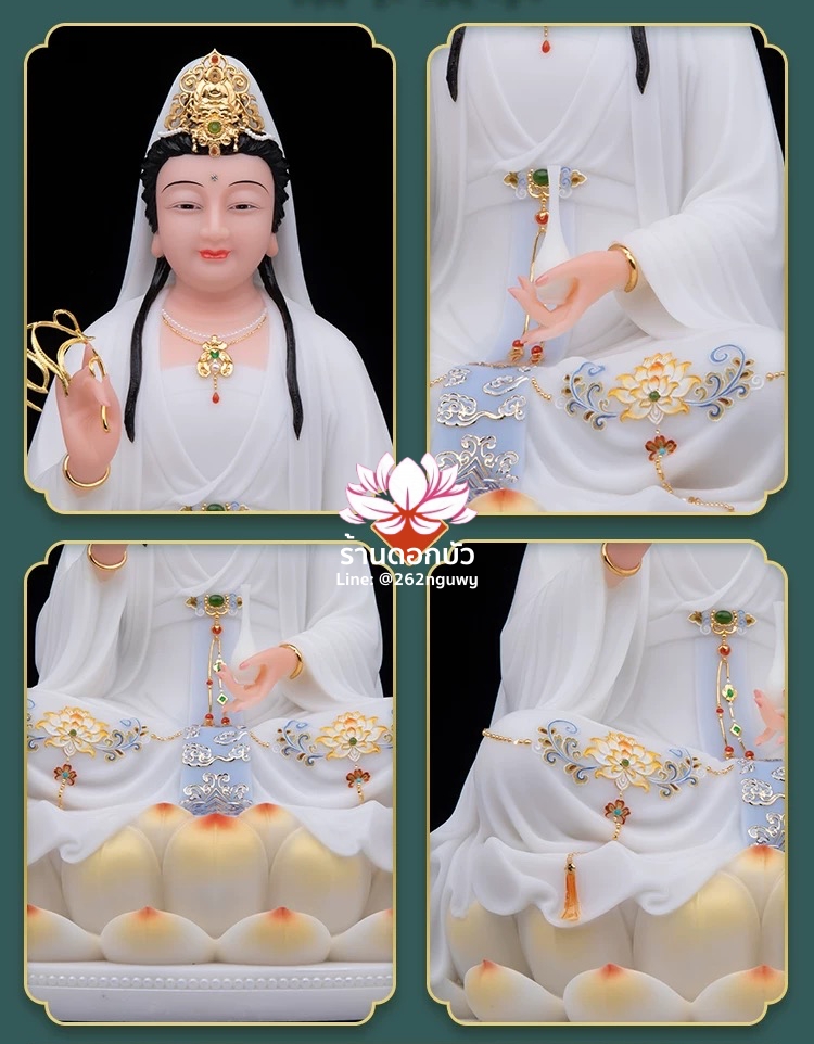 พระโพธิสัตว์กวนอิม พระแม่กวนอิมปางประทานพร ประทับนั่งบนดอกบัว งานหินอ่อน ขนาด 12/16/19/26 นิ้ว