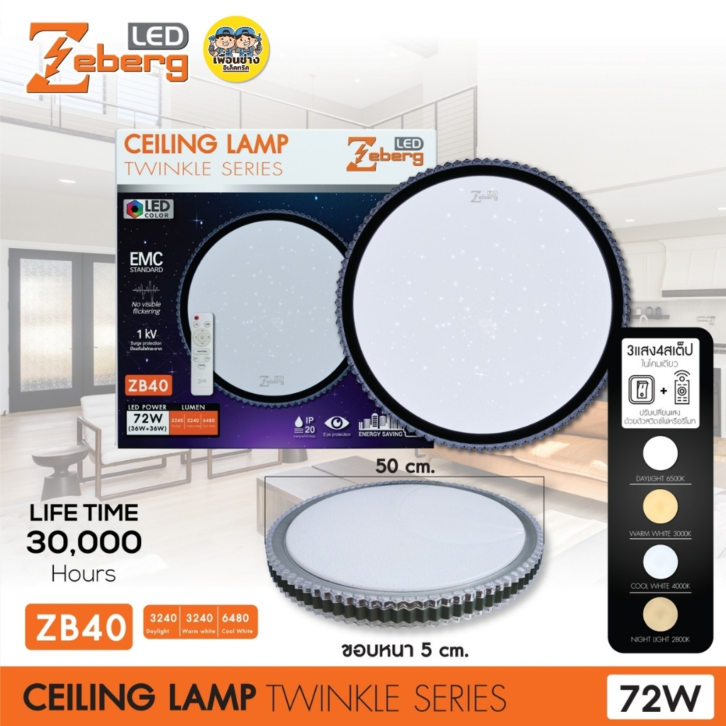 Zeberg โคมซาลาเปา ZB40 โคมไฟเพดาน LED 4แสง รีโมทควบคุมไฟ เปลี่ยนแสงได้