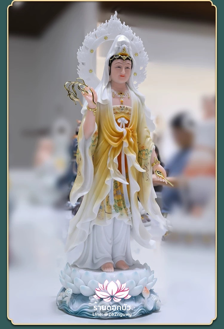พระโพธิสัตว์กวนอิม พระแม่กวนอิมปางประทานพร ประทับยืนบนดอกบัว งานหินอ่อนคุณภาพสูง ขนาด 19/26/36/42 นิ้ว
