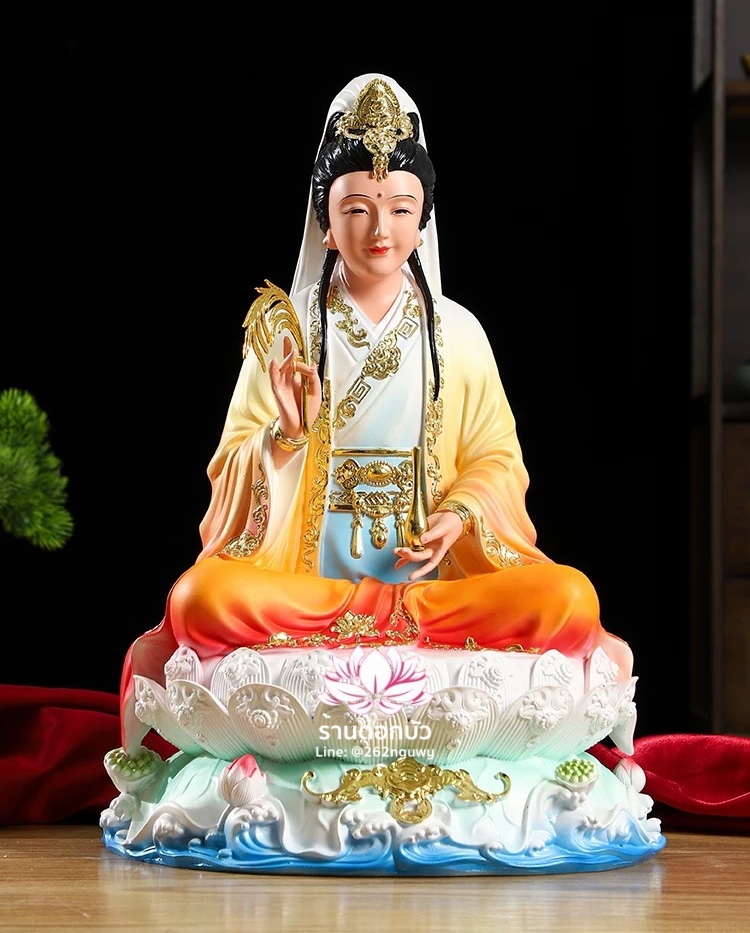 พระโพธิสัตว์กวนอิม พระแม่กวนอิม (เมี่ยวซ่าน) ปางประทานพรนั่งบนดอกบัว งานเรซิ่น ขนาด 12/16/19 นิ้ว