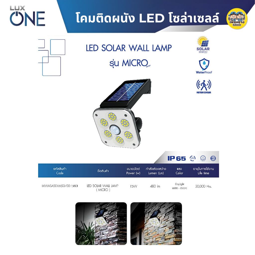 LUXONE รุ่น MICRO โคมไฟโซล่าเซลล์ LED แบบติดผนัง โคมโซล่าเซล แอลอีดี โคมไฟ โซล่าเซล ติดผนัง กันน้ำ IP65