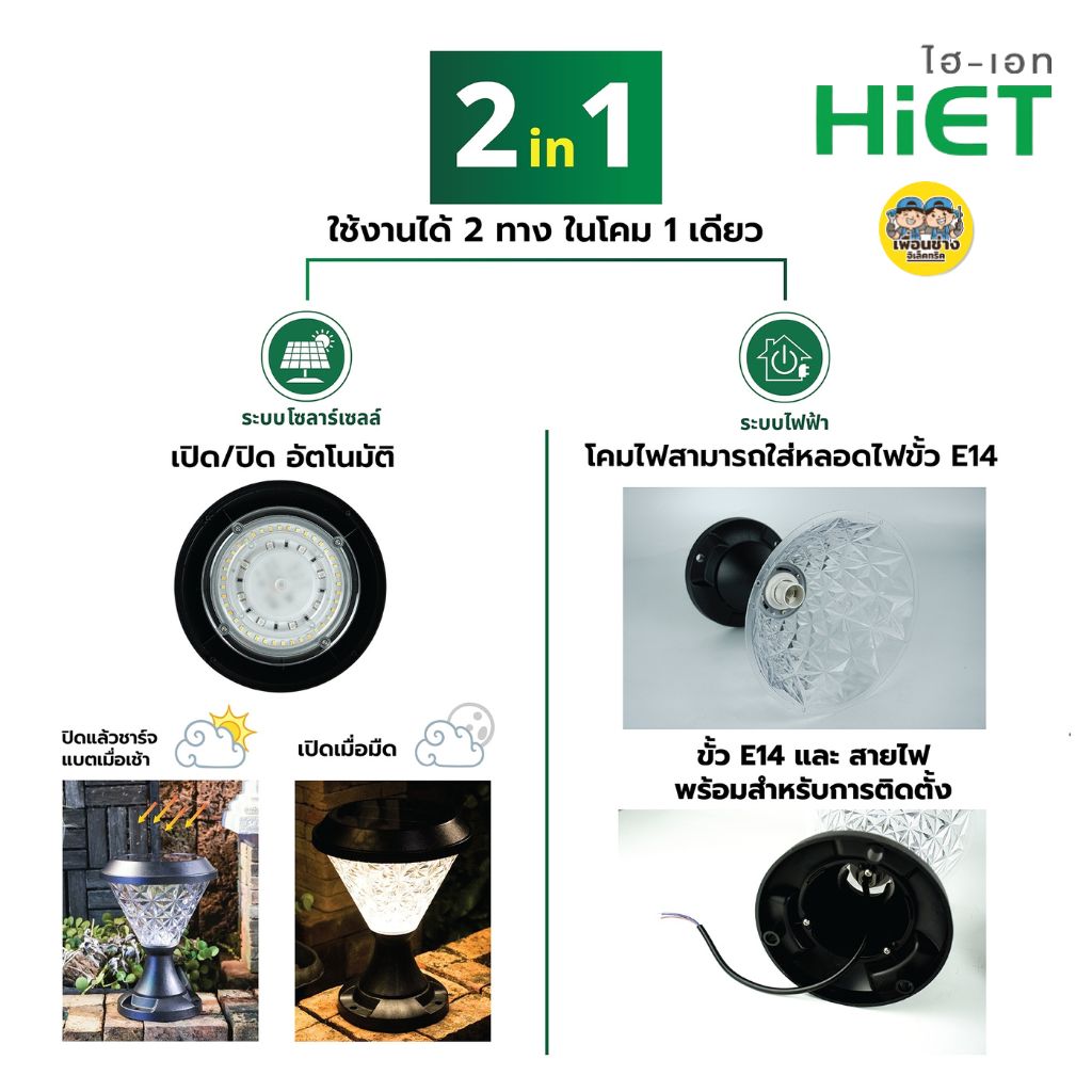 **แบบกลม** HiET โคมไฟหัวเสา โซล่าเซล แบบกลม RGB เปลี่ยนแสงได้ พร้อมรีโมท IP65 สามารถใส่ หลอดไฟ E14 ได้ Solar Light