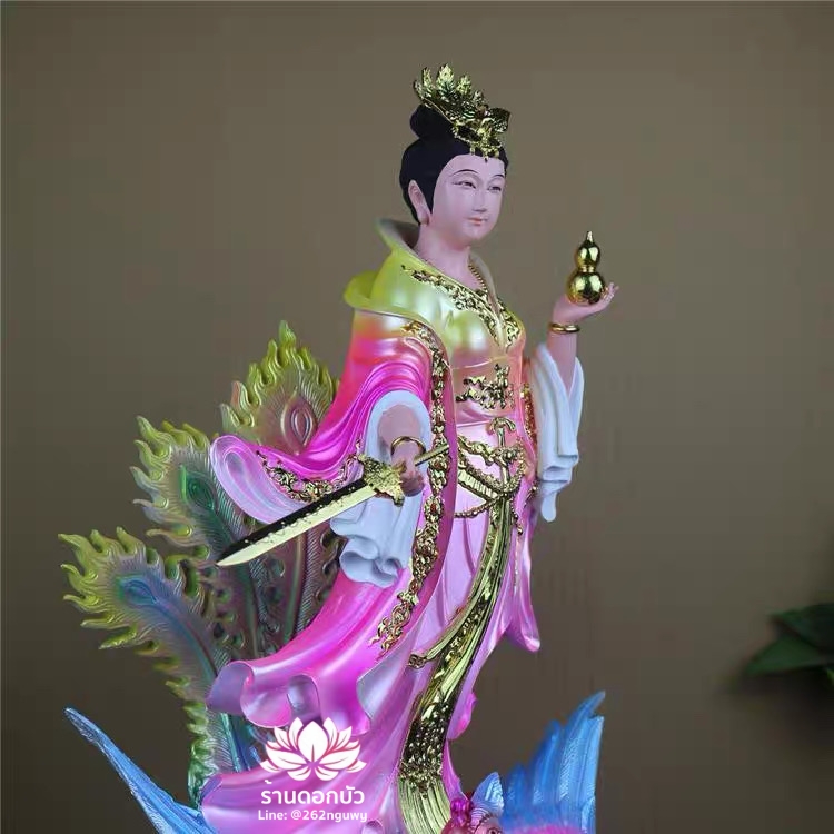กิ่วเที้ยนเฮี่ยนลื้อ กิวเทียงเหี่ยงนึ่ง จิ่วเทียนเสวียนนี่ ปางยืนบนหงส์บริวาร งานเรซิ่น ขนาด 12/16/19 นิ้ว
