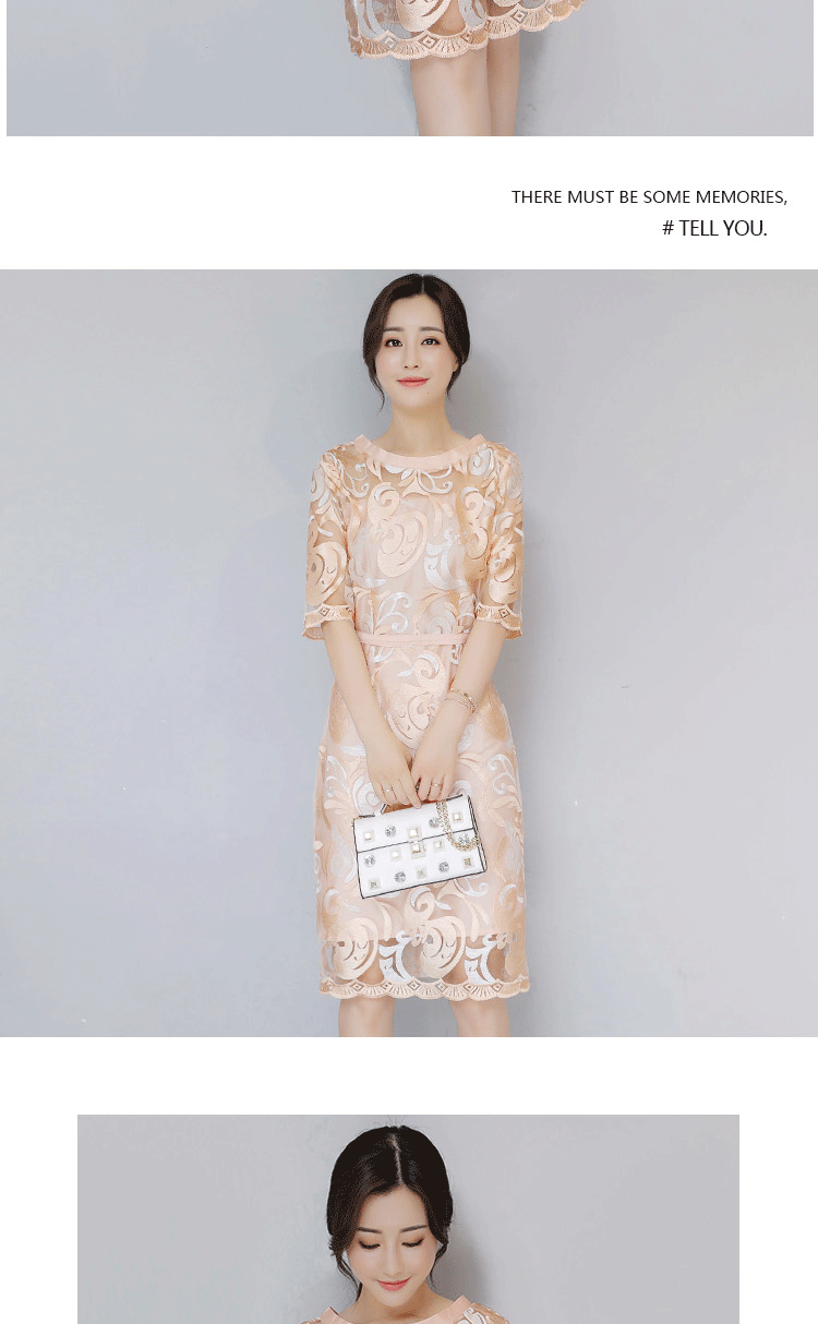 ชุดเดรสสั้นสีโอโรสผ้าแก้วปักลายในตัว ชุดเข้ารูป สวยหรู