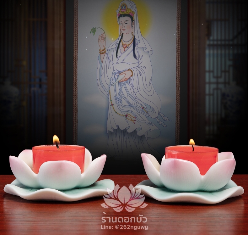 เชิงเทียน เชิงเทียนดอกบัว ทรงแบน พร้อมฐานใบบัว สำหรับเทียนขนาดเล็ก 1 คู่