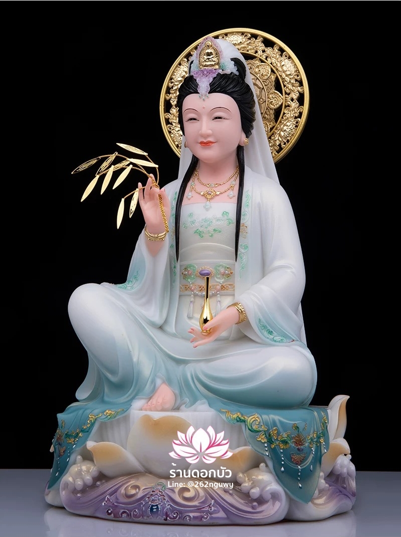 พระโพธิสัตว์กวนอิม ปางนั่งชันเข่าประทับบนดอกบัว งานหินอ่อนคุณภาพสูง ขนาด 12/16/19/26 นิ้ว