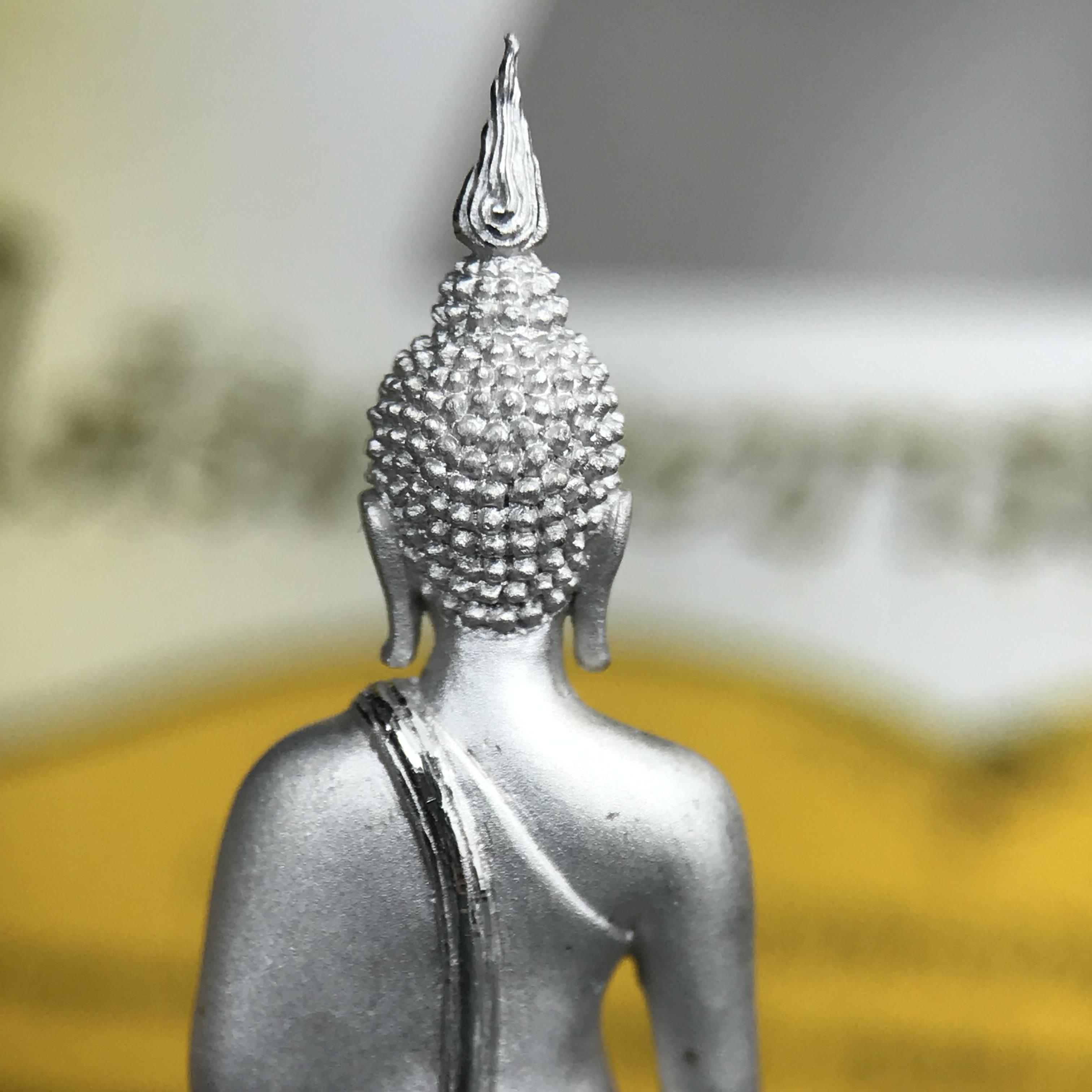 พระพุทธรูปคุ้มเกล้า ภปร.(ใต้ร่มพระบารมี คุ้มเกล้า) 60ปี โรงพยาบาลภูมิพลฯ พ.ศ.2552 เนื้อเงิน ชุบทองคำขาว(พิมพ์ใหญ่ขนาด 35.5*24 มม.)สภาพสวยเดิมพร้อมกล่องบรรจุเดิม ตอกโค๊ดหมายเลข ๘๒๒ หายาก(1ใน5000 องค์)