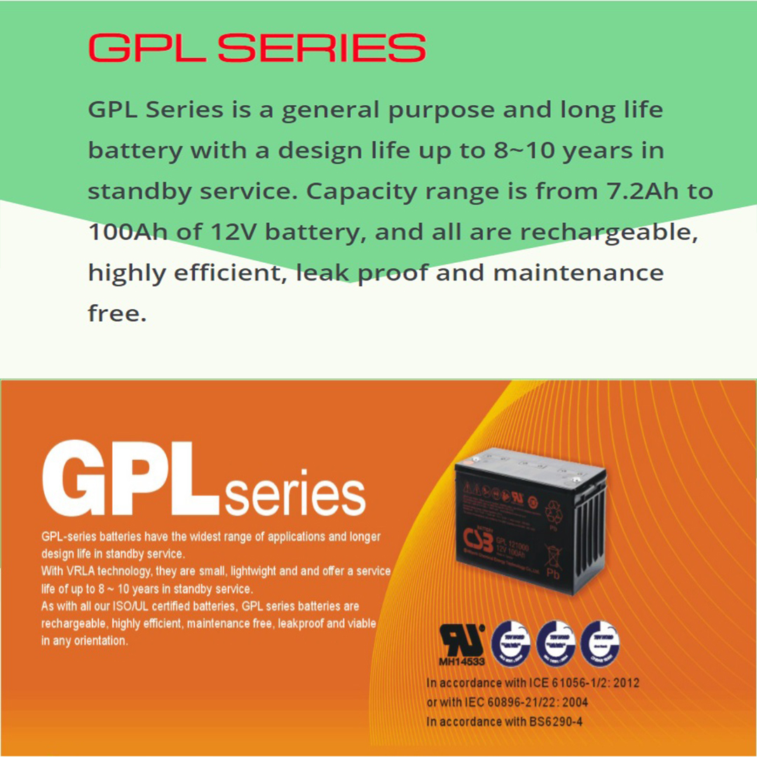 CSB Battery GPL SERIES สำหรับระบบสำรองไฟแบตคุณภาพชั้นนำของโลกของแท้100%มือ1 อายุการใช้งานที่ยาวนานสุงถึง 10 ปี รับประกันสินค้าจากโรงงาน 1 ปี