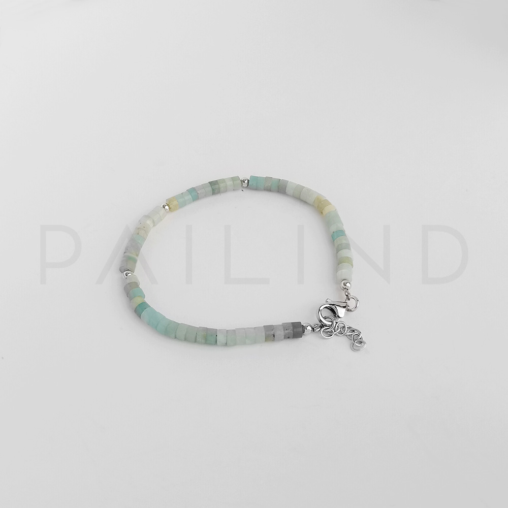 สร้อยข้อมือเงินแท้ ประดับพลอย Amazonite ชุบทองคำขาว
