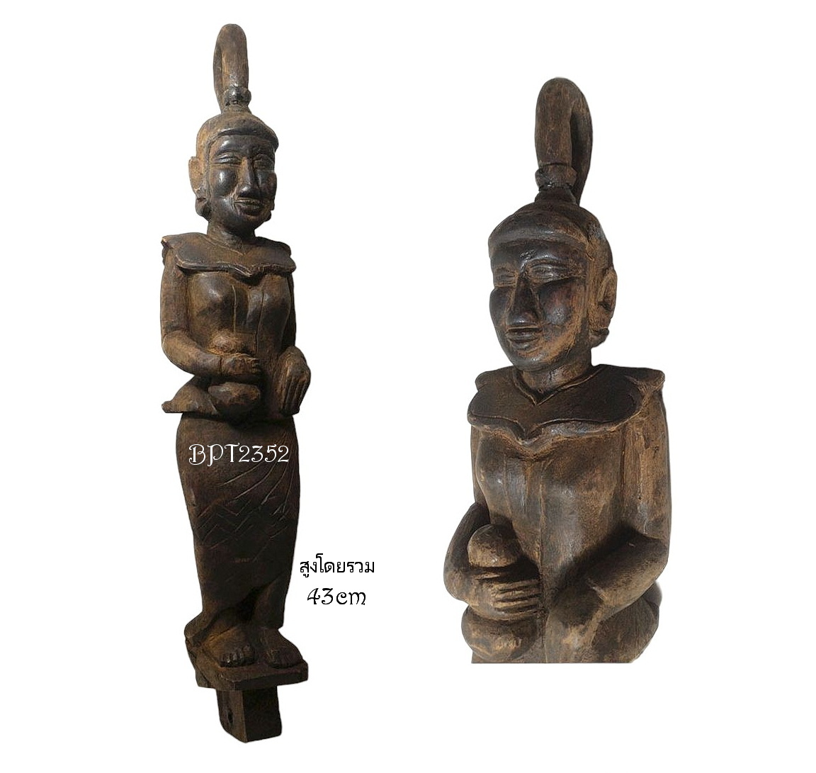 ไม้แกะสลักเก่าศิลปะพม่า-นางถือถุงทอง 43cm