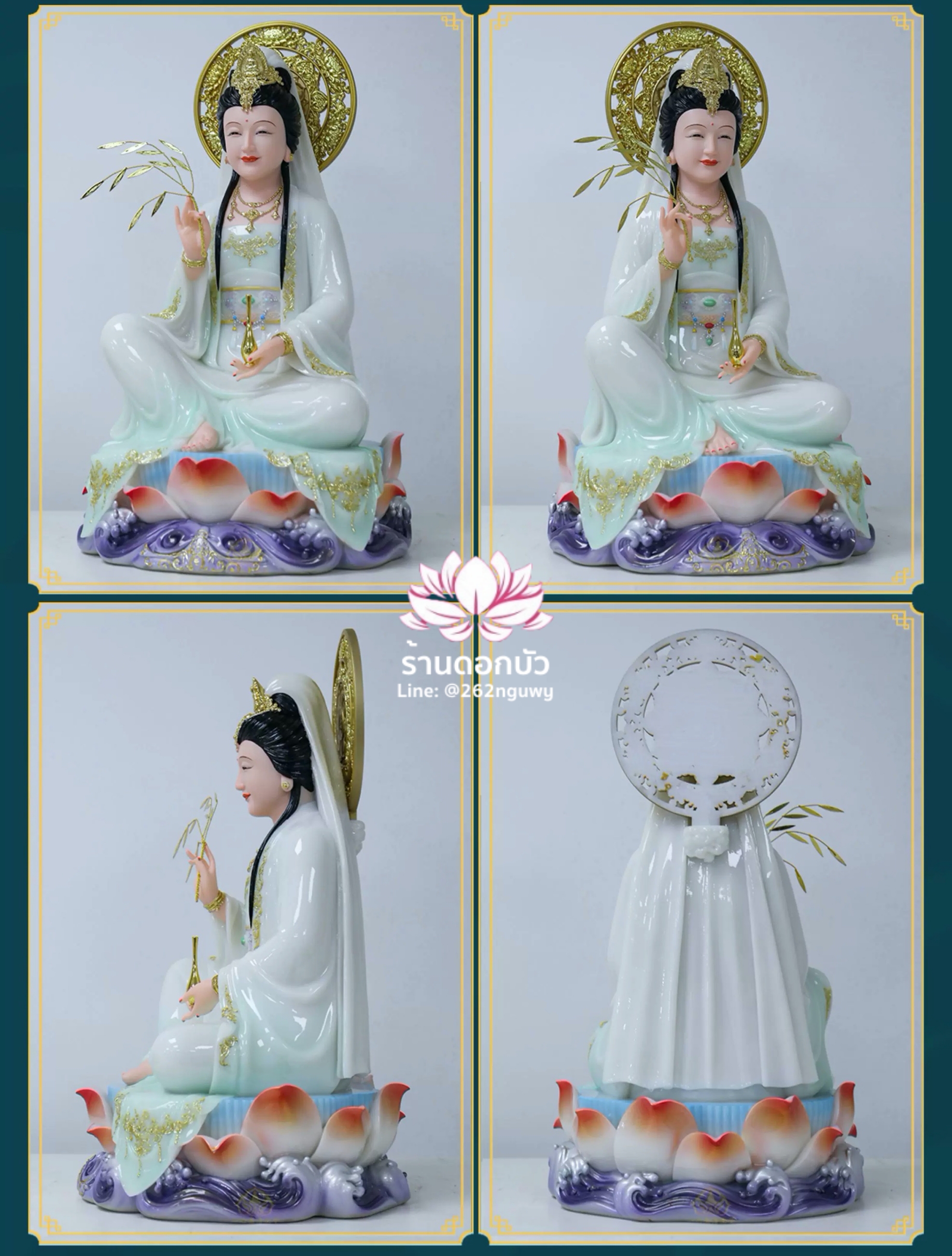 พระโพธิสัตว์กวนอิม ปางนั่งชันเข่าประทับบนดอกบัว งานหินอ่อนคุณภาพสูง ขนาด 12/16/19/26 นิ้ว