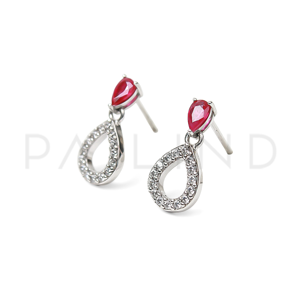 ต่างหูเงินแท้ ประดับเพชรรัสเซียและทับทิมแท้ Ruby ชุบทองคำขาว