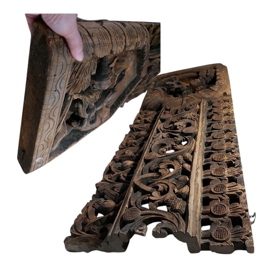 แผ่นไม้แกะสลักเก่าศิลป์พม่า -เทวดาในซุ้ม 💥ราคารับเอง!💥