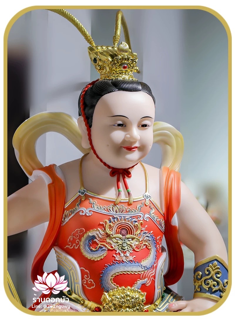 เทพเจ้านาจา หลี่โลเฉี้ย จงตั๋นหง่วนโส่ย ปางประทับนั่งบัลลังก์เมฆเหยียบวงล้อ งานหินอ่อนคุณภาพสูง ขนาด 12/16/19/26 นิ้ว