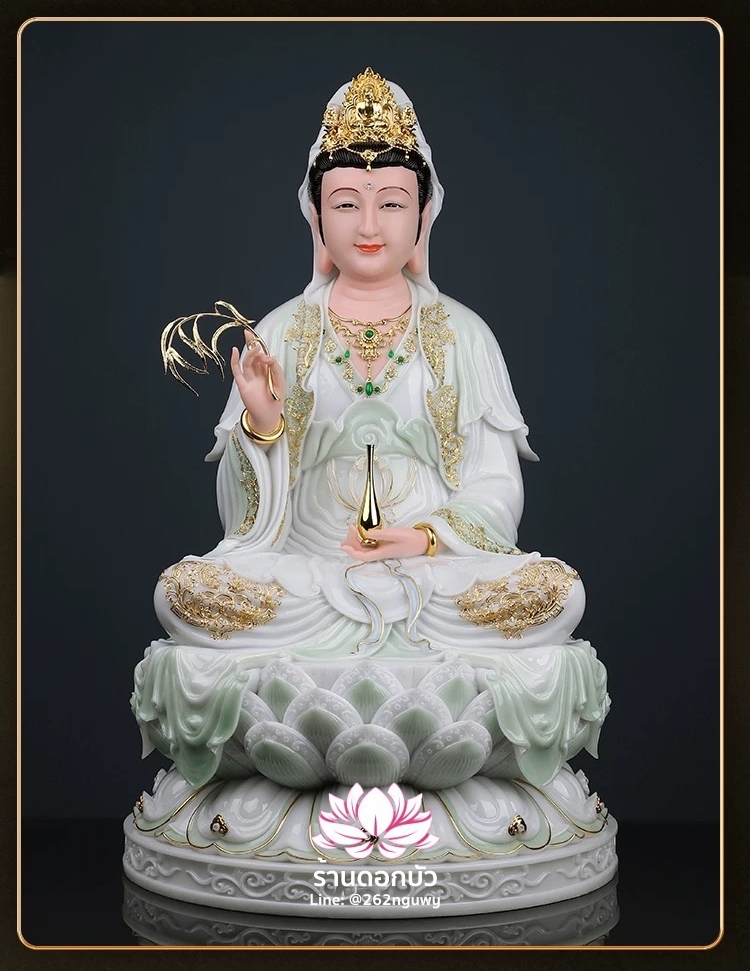 พระโพธิสัตว์กวนอิม พระแม่กวนอิมปางประทานพร ประทับนั่งบนดอกบัว งานหินอ่อน ขนาด 16/19/26/36 นิ้ว