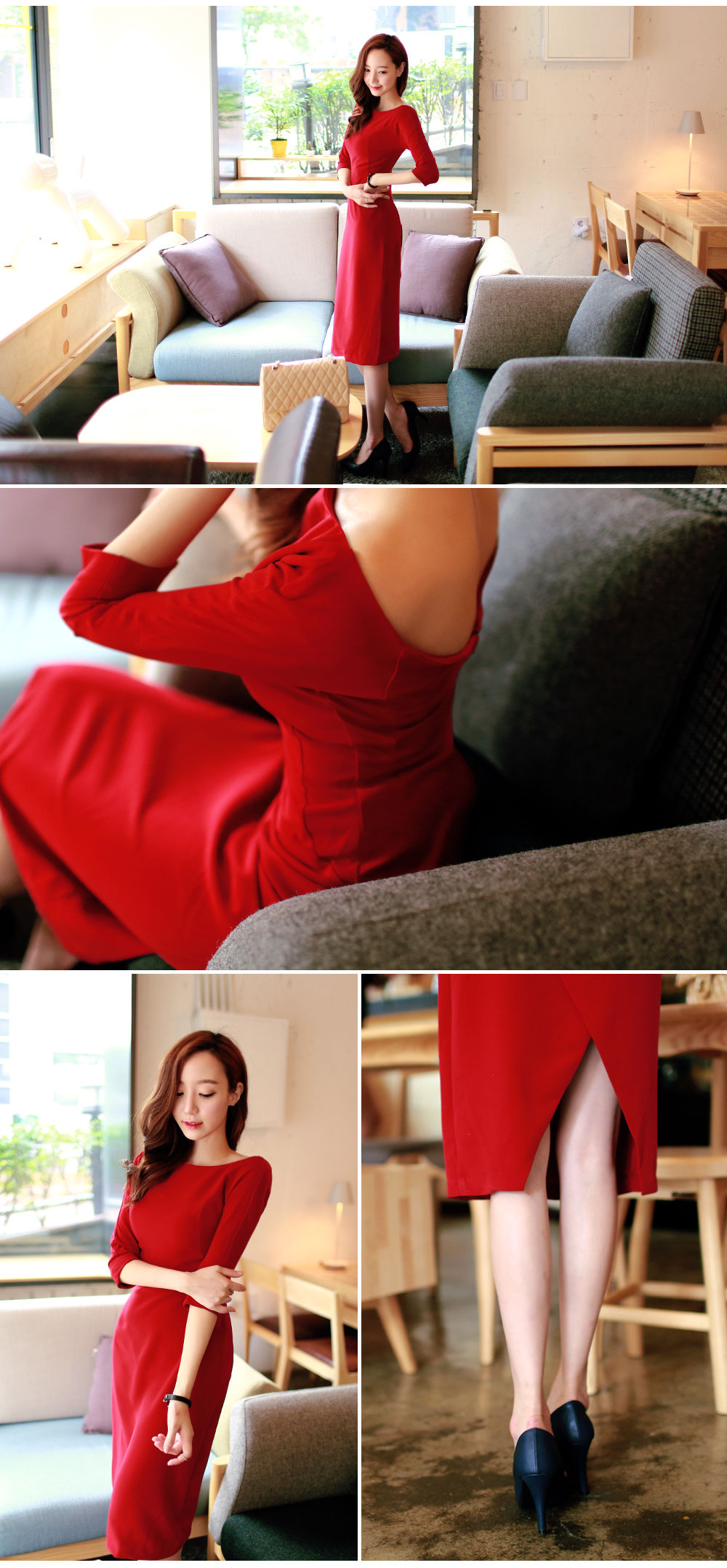 ชุดเดรสสีแดงผ้ายืดสง่าสวยงาม