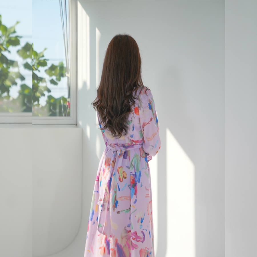 printed flower dress เดรสสีม่วงลายดอก