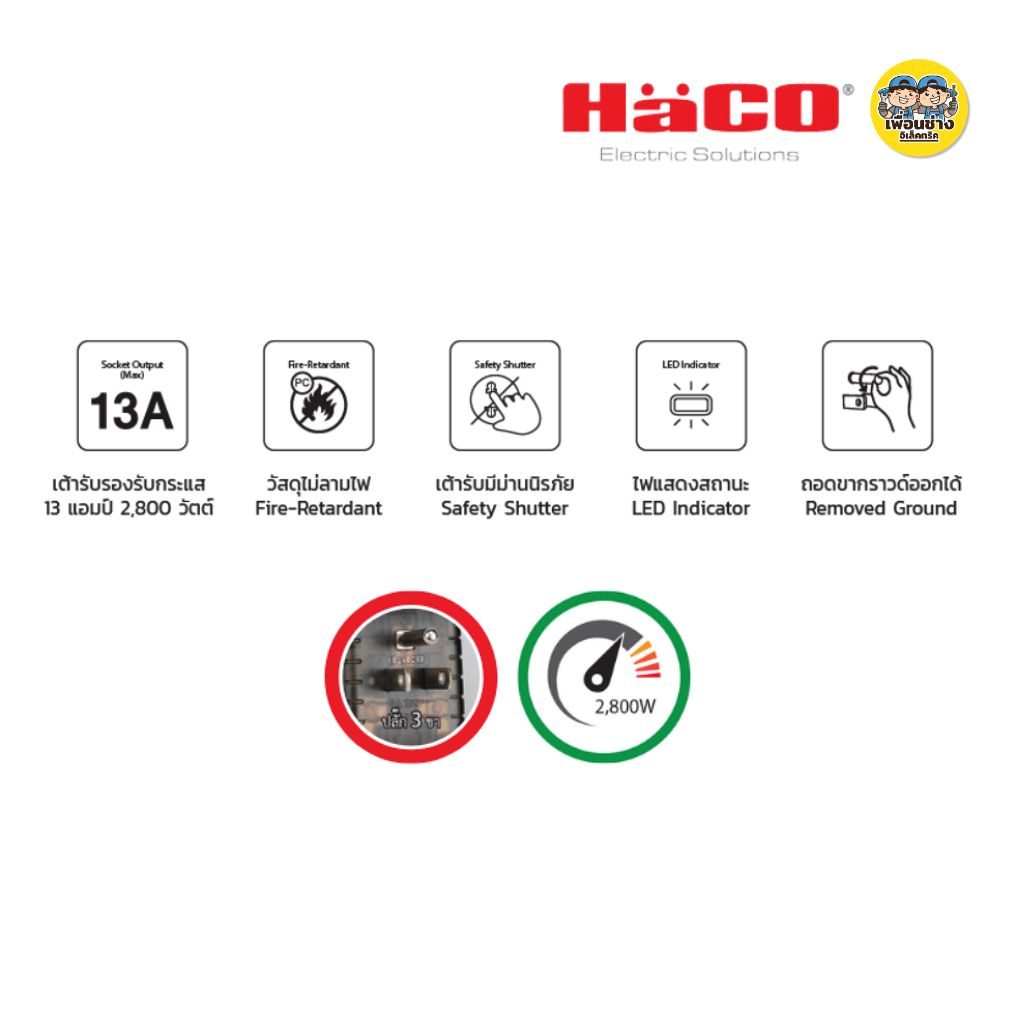 HACO ปลั๊กอเนกประสงค์ 3 ขา ปลั๊กแปลง Universal Multiplug Adaptor รุ่น ADU มี 5 สี