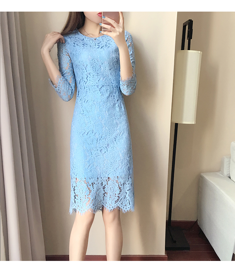 ชุดเดรสสั้นผ้าลูกไม้สีฟ้า สวยหวาน แขนสามส่วน
