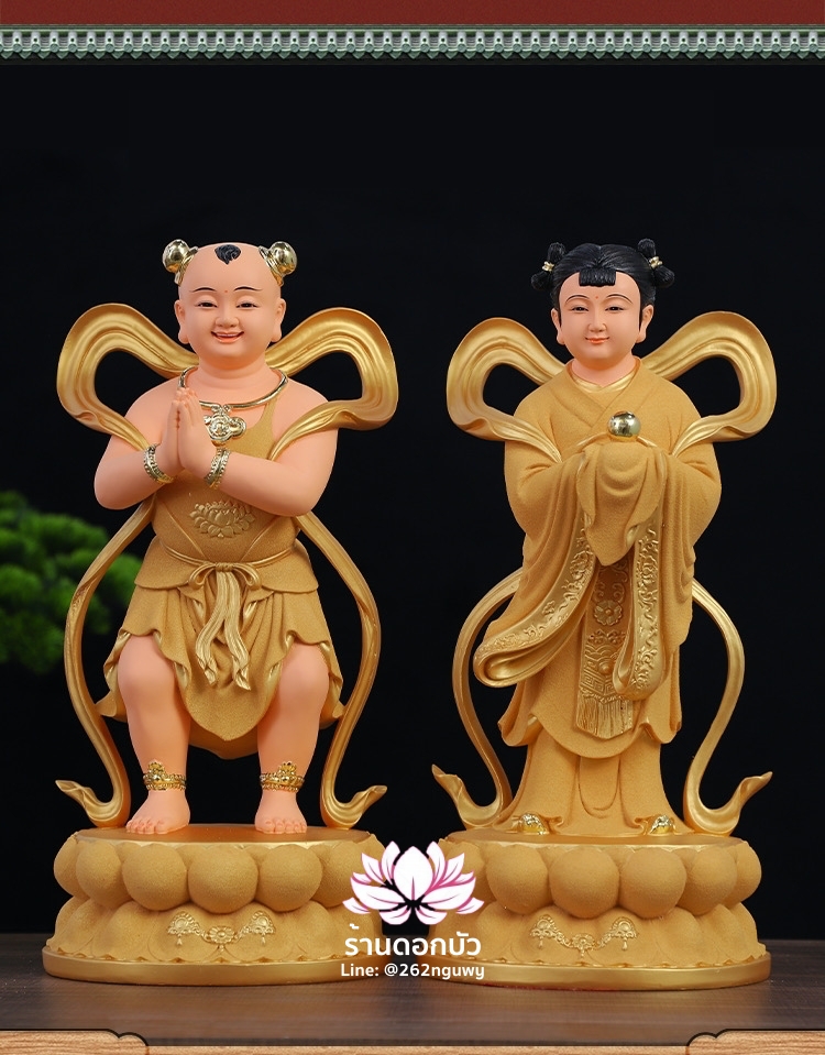 กิมท้ง-เง็กนึ่ง เซียนจ๋าย-หยกลื้อ ลูกศิษย์พระโพธิสัตว์กวนอิม เนื้อสีทองพ่นทราย ขนาด 12/16/19 นิ้ว