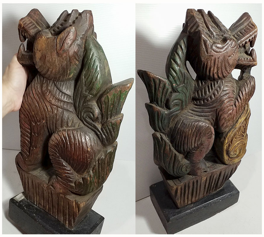 สิงห์ไม้แกะ ไม้แกะสลักประดับหัวเกวียน ศิลป์พม่า สูง 38cm