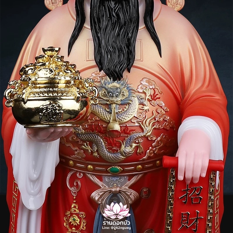 เทพเจ้าไฉ่ชิงเอี๊ย เทพเจ้าแห่งโชคลาภ ประทับยืนบนบัลลังก์ งานหินอ่อนคุณภาพสูง ขนาด 12/16/19 นิ้ว