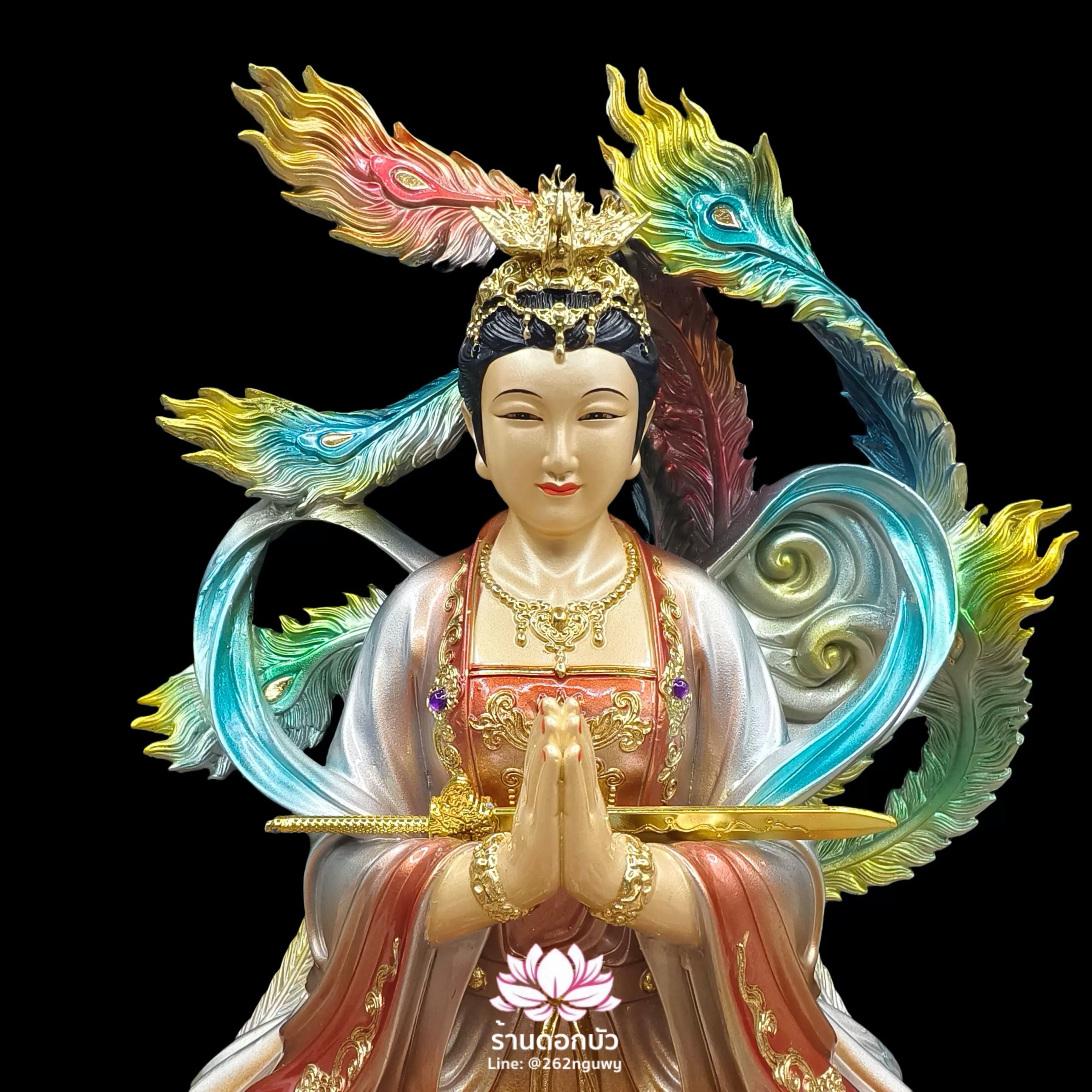 กิ่วเที้ยนเฮี่ยนลื้อ กิวเทียงเหี่ยงนึ่ง จิ่วเทียนเสวียนนี่ ปางนั่งบนหงส์บริวาร งานเรซิ่น ขนาด 12/16/19 นิ้ว