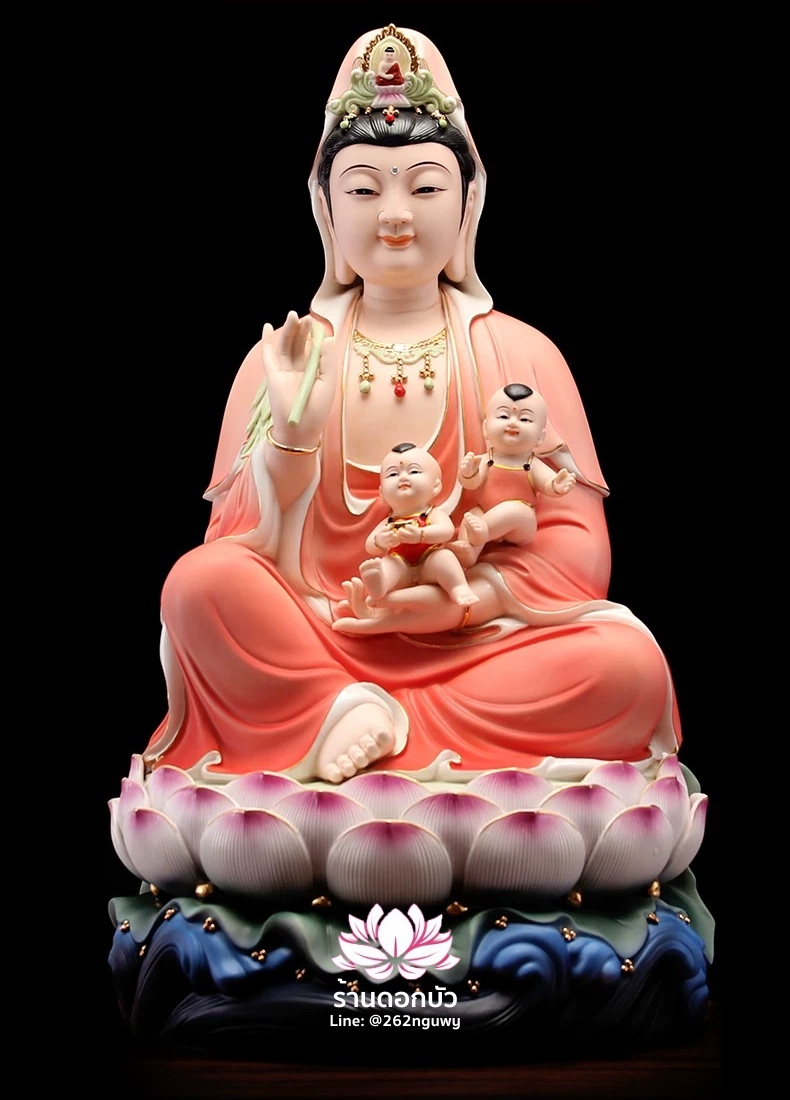 พระโพธิสัตว์กวนอิม พระแม่กวนอิมมหาโพธิสัตว์ กวนอิมผ่อสัก ปางประทานบุตรประทับนั่งดอกบัว ขนาด 12/14/16/18/20 นิ้ว