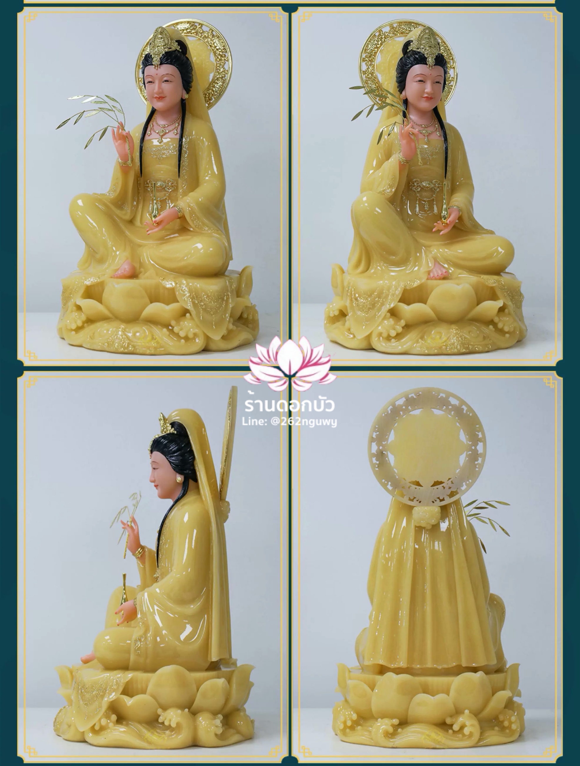 พระโพธิสัตว์กวนอิม ปางนั่งชันเข่าประทับบนดอกบัว งานหินอ่อนคุณภาพสูง ขนาด 12/16/19/26 นิ้ว