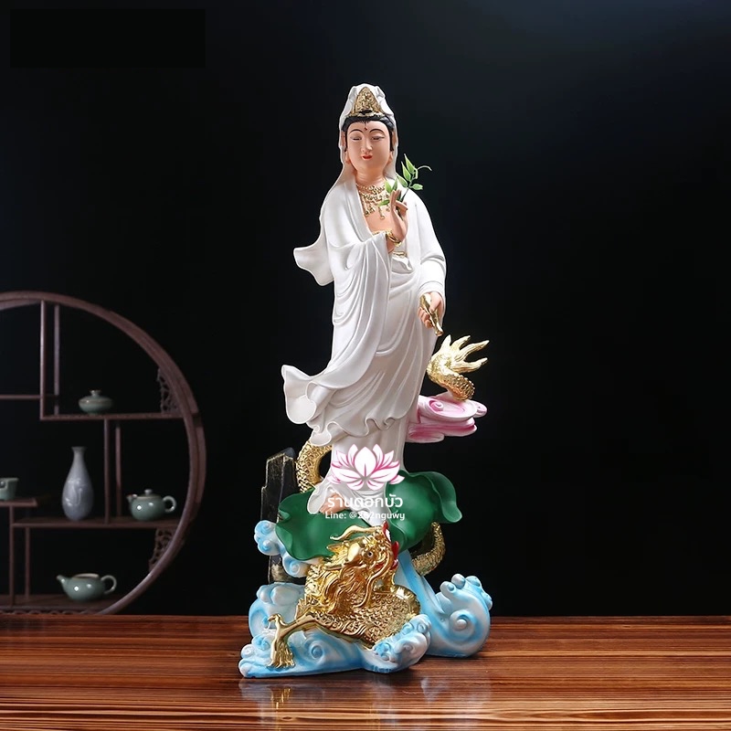 พระโพธิสัตว์กวนอิมปางเหยียบมังกร พระแม่กวนอิมยืนมังกร งานเรซิ่น สีทอง/ขาว/ฟ้า ขนาด 26 นิ้ว