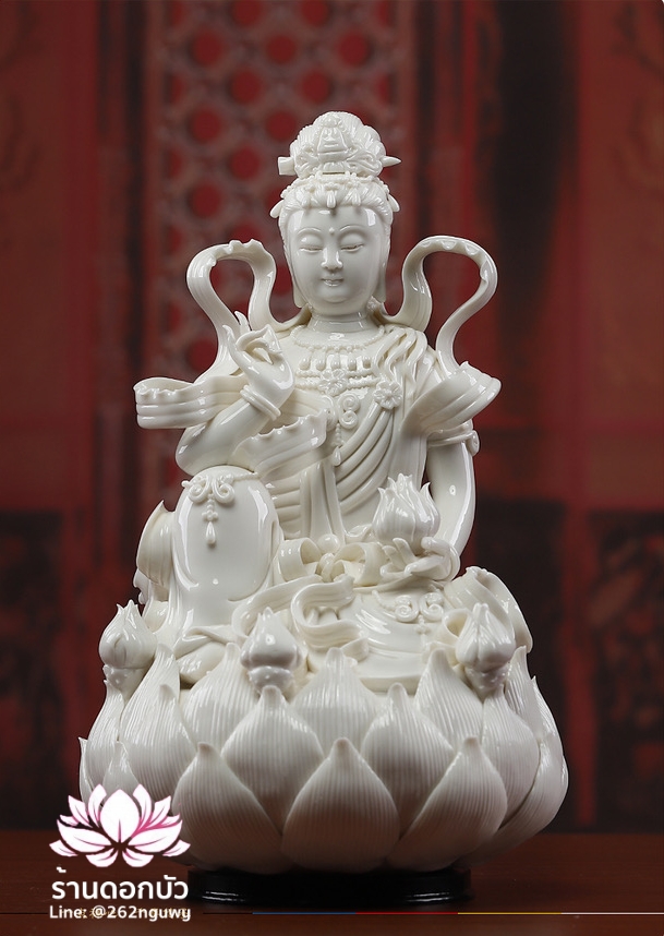พระโพธิสัตว์กวนอิม พระแม่กวนอิมปางนั่งชันเข่า ประทับบนดอกบัว ขนาด 10/12 นิ้ว