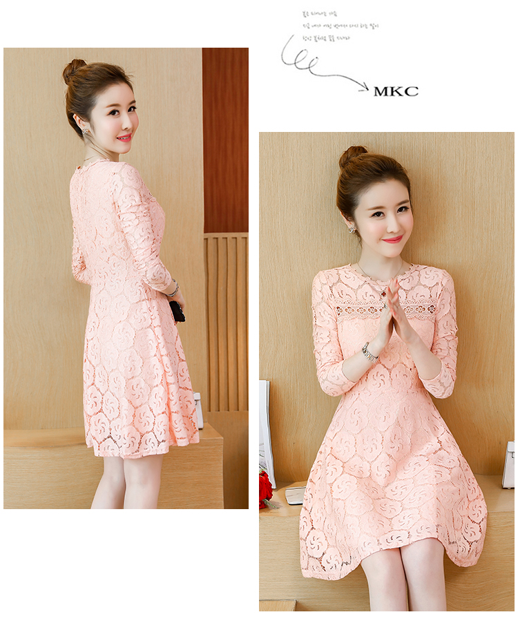 ชุดเดรสสั้นผ้าลูกไม้ สีส้มหวาน คอกลม แขนยาว กระโปรงทรงเอ สวยหวาน