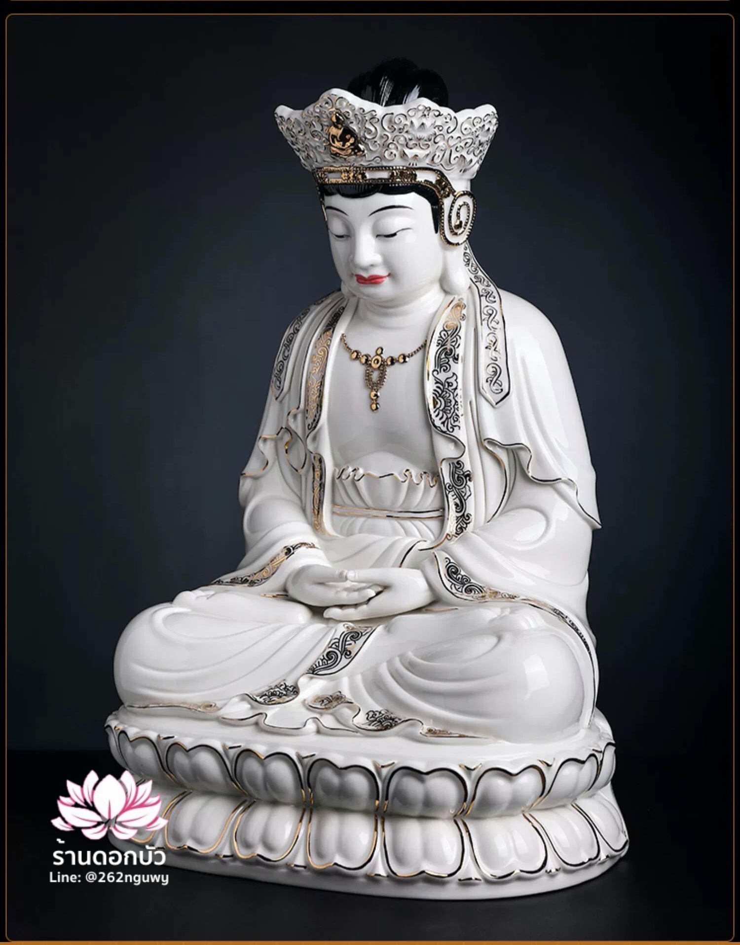 พีลูกวนอิม พระโพธิสัตว์กวนอิมปางสำเร็จธรรม ฝีมือช่างระดับอาจารย์ สีขาวขลิบทอง ขนาด 18 นิ้ว