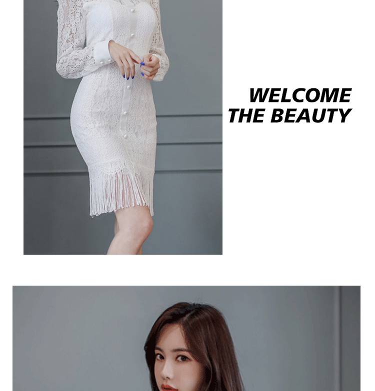 ชุดเดรสสั้นผ้าลูกไม้สีขาว แนวซีทรู คอเชิ๊ต แขนยาว ทรงเข้ารูป ริมกระโปรงตกแต่งไหมญี่ปุ่น สวยเก๋ มีสไตล์