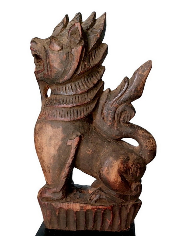 สิงห์ไม้เก่า -ไม้แกะประดับหัวเกวียนศิลป์พม่า สูงรวมฐาน34cm